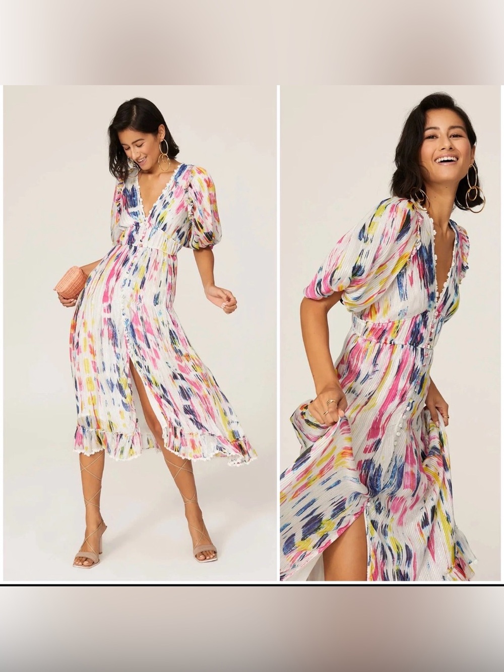 Hemant & Nandita Women's Jorah Watercolor Print Midi Dress - Size Large